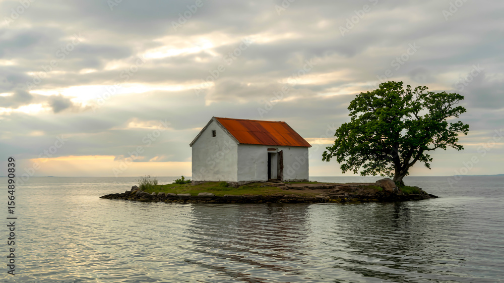 Obraz premium A minimalist landscape photo of a white house with red-orange roof, isolated on a tiny island, surrounded by calm waters