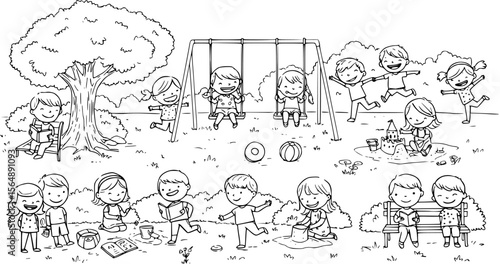 Kids reading and playing in the park