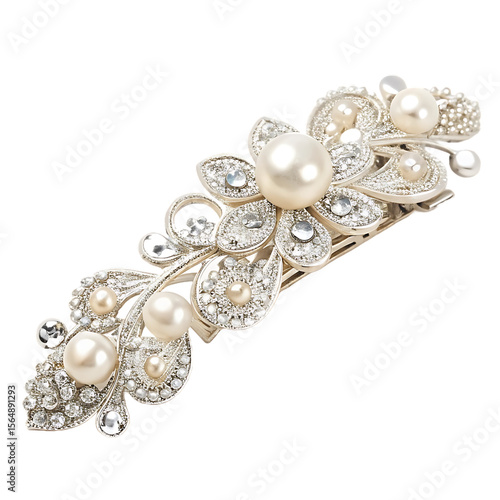 Elegant Pearl and Diamond Hair Clip: A refined hair clip showcases a pearl and diamond floral design on hair accessories, adding timeless glamour to any hairstyle.