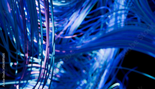 Neon blue and purple strands intertwine, creating a dynamic and futuristic abstract pattern. 3D rendering