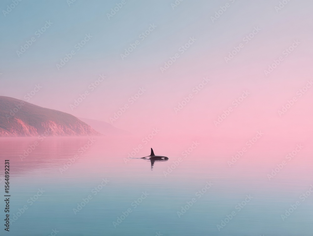 Fototapeta premium Serene Saltwater Mist with Lone Orca Swimming Near Misty Coastline Reflecting Calm Ocean Waters for Wildlife Preservation and Eco Awareness