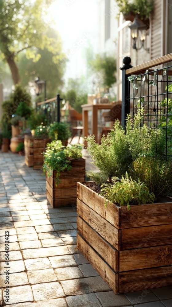 Fototapeta premium Sunlit Cobblestone Sidewalk with Wooden Planters and Greenery Near Building Facade on Sunny Day