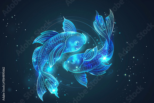 Concept of Pisces zodiac sign symbol, abstract vivid composition consists of fictional unreal fantastic vision on background