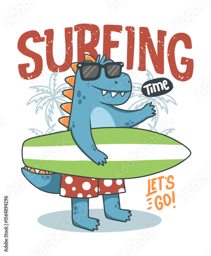 Fototapeta Naklejka Na Ścianę i Meble -  Surfing dinosaur hand drawn illustration , ready for print on t-shirt and other uses.