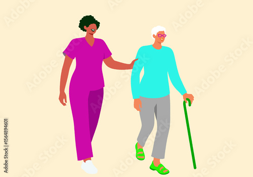 A smiling caregiver in scrubs supports an elderly person walking with a cane, showcasing compassionate assistance and elder care. 