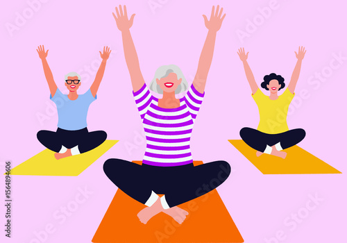 Three senior women joyfully practice yoga together, embracing active aging, health, and community in a group setting. 