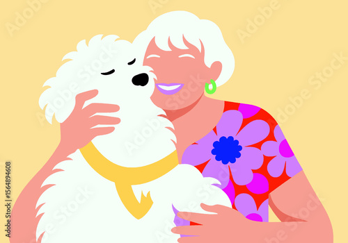 A joyful senior woman shares a loving embrace with her fluffy white dog, a heartwarming scene of companionship and affection. 