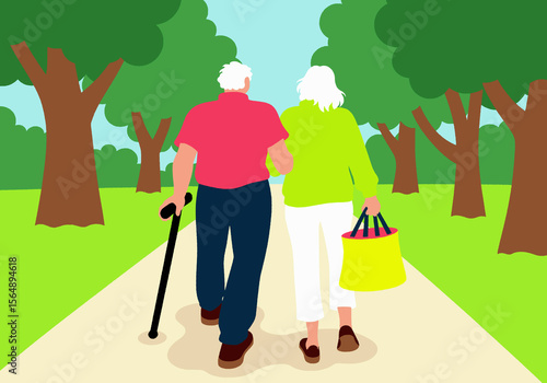 Illustration of an elderly couple walking hand in hand down a tree-lined park path.