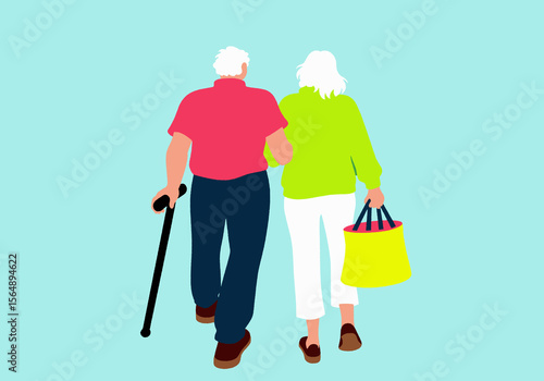 A senior couple walks together, the man with a cane, the woman carrying a bag, illustrating enduring support and companionship in later life. 