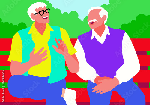 Illustration of two senior male friends happily chatting and laughing together on a park bench, enjoying their vacation and companionship outdoors. 