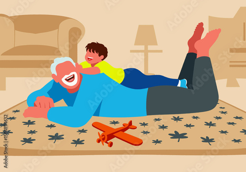 Illustration of a joyful grandfather and grandson playing together on the living room floor with a toy airplane, sharing a happy family moment at home. 