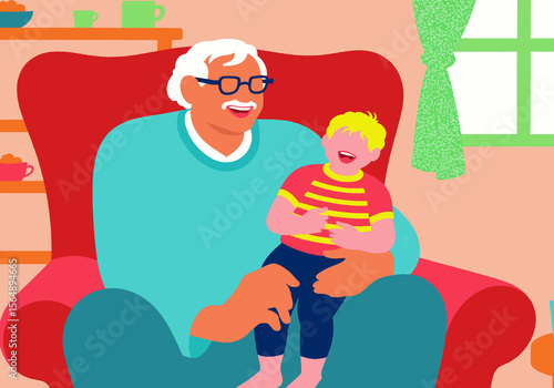 Elderly person and young child share a joyful moment on a cozy armchair indoors. Illustration