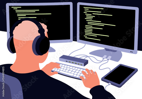 Person with headphones works on a computer setup with dual monitors and a tablet. Illustration