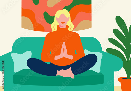 Wallpaper Mural Woman meditating on teal sofa with colorful abstract wall art and green plant nearby. Illustration Torontodigital.ca