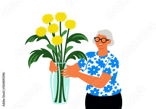 Smiling woman with gray hair holding a vase of yellow flowers, wearing a blue floral shirt. Illustration