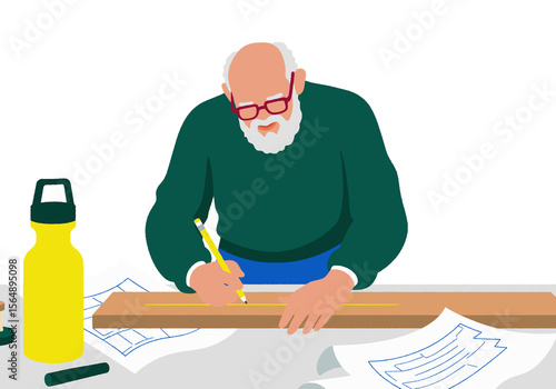 Elderly man with white beard marking wood with a pencil near blueprints and yellow bottle. Illustration