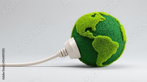 Green energy plug forming into a globe on white background, concept of electrifying sustainable ideas with space