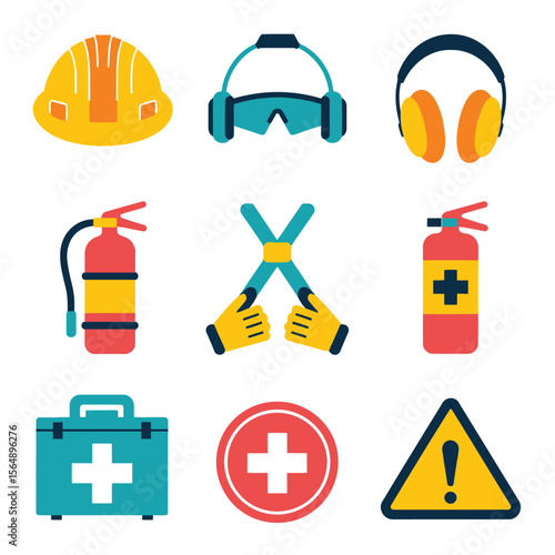 2d vector illustration safety icons , Civil protection and safety when working and taking safety 
