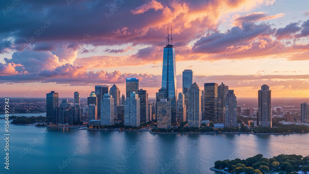 Obraz premium Modern metropolis skyline reflecting on water under dramatic sunset clouds