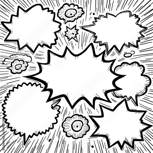 Comic book style illustration featuring blank speech bubbles and radiating lines.