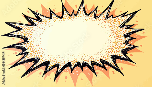 A vibrant, hand-drawn comic book style speech bubble with a textured, explosive effect.