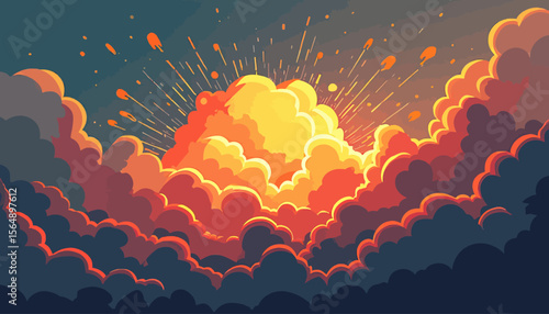 A vibrant sunset bursts through dark clouds, radiating warm light and energy.