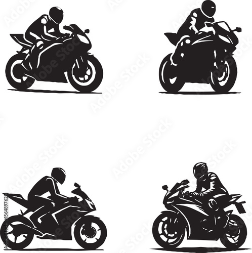 Wallpaper Mural "Set of 4 Sport Motorcycle Rider Silhouettes | Dynamic Black and White Biker Vector Icons" Torontodigital.ca