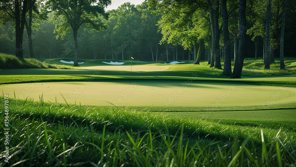 Fototapeta premium Lush green golf course with flag on sunny morning
