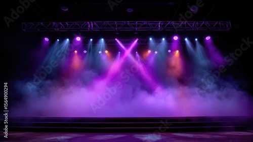 Multiple stage lights mounted on trusses creating cross beams through theatrical fog, energetic lighting with space