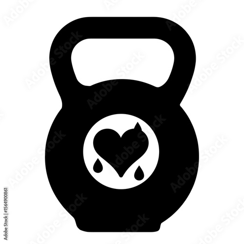 Silhouette kettlebell with heart and sweat drops, HIIT exercise symbol