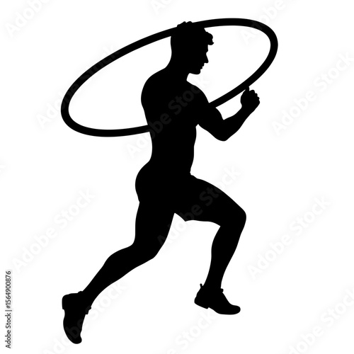 Silhouette of person running with hula hoop, fitness and energy drive concept