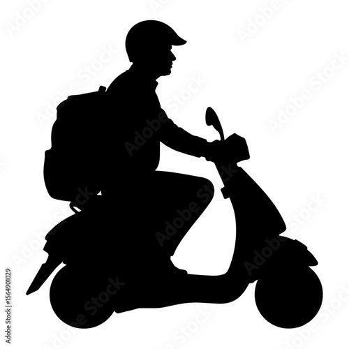 Silhouette of scooter rider with helmet and backpack, urban travel safety concept