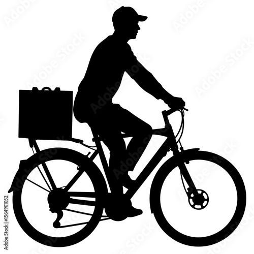 Silhouette of delivery rider on bicycle with food bag, urban transport service