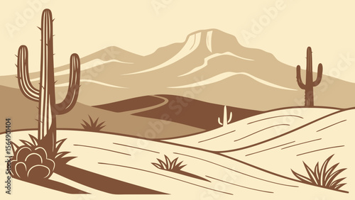 A minimalist vector illustration of a desert with cacti and sand dunes