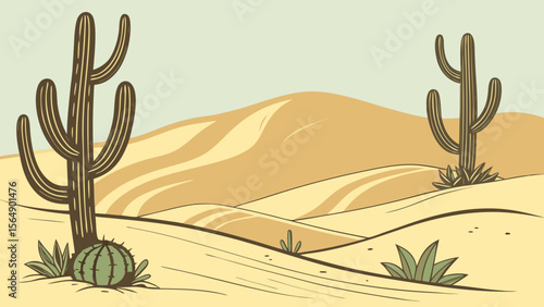 A minimalist vector illustration of a desert with cacti and sand dunes in warm colors