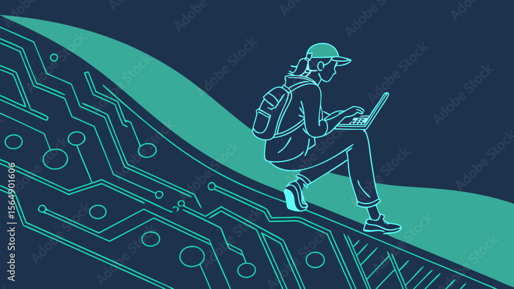 Fototapeta premium A high-quality vector illustration of an abstract tech background, geometric lines and glowing circuits and girl using laptop