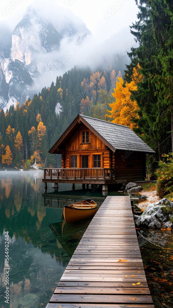 Naklejka premium canadian cabin by the lake with canoe and mountains photo