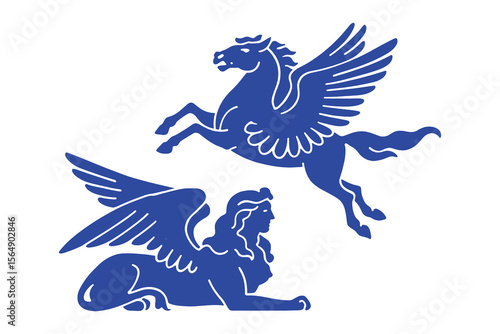 Pegasus and Sphinx Mythical Creatures Silhouette vector illustration