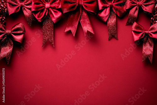 Festive arrangement with glittering red bows and velvet ribbons perfect for holiday greetings or celebration decorations
