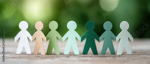 Diverse Paper Cut-Out Figures Holding Hands on Wood with Greenery Background for Corporate Teamwork and Inclusive Wellness Event Promotion