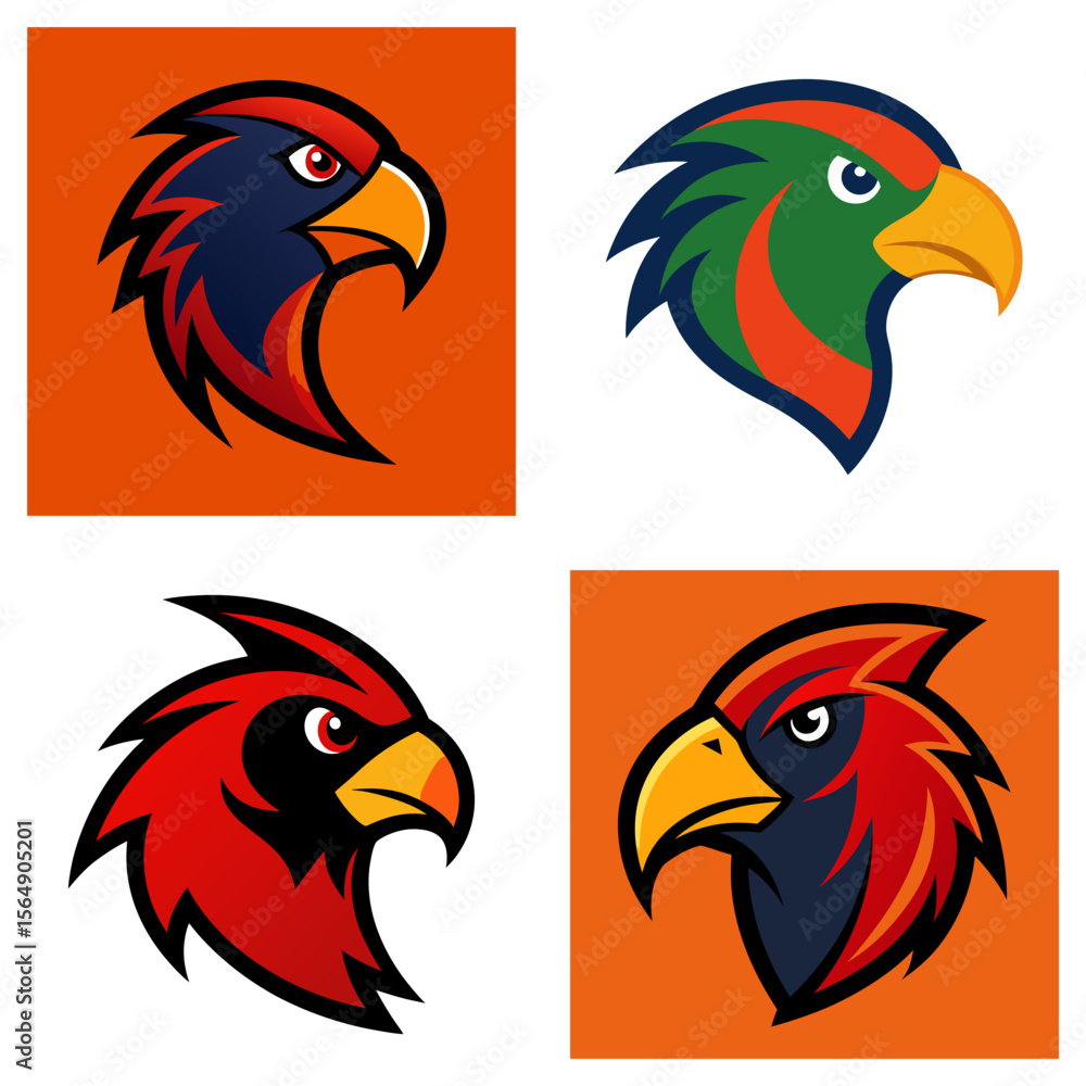 Fototapeta premium Four stylized bird head logos with vibrant colors and bold outlines arranged in a square format design
