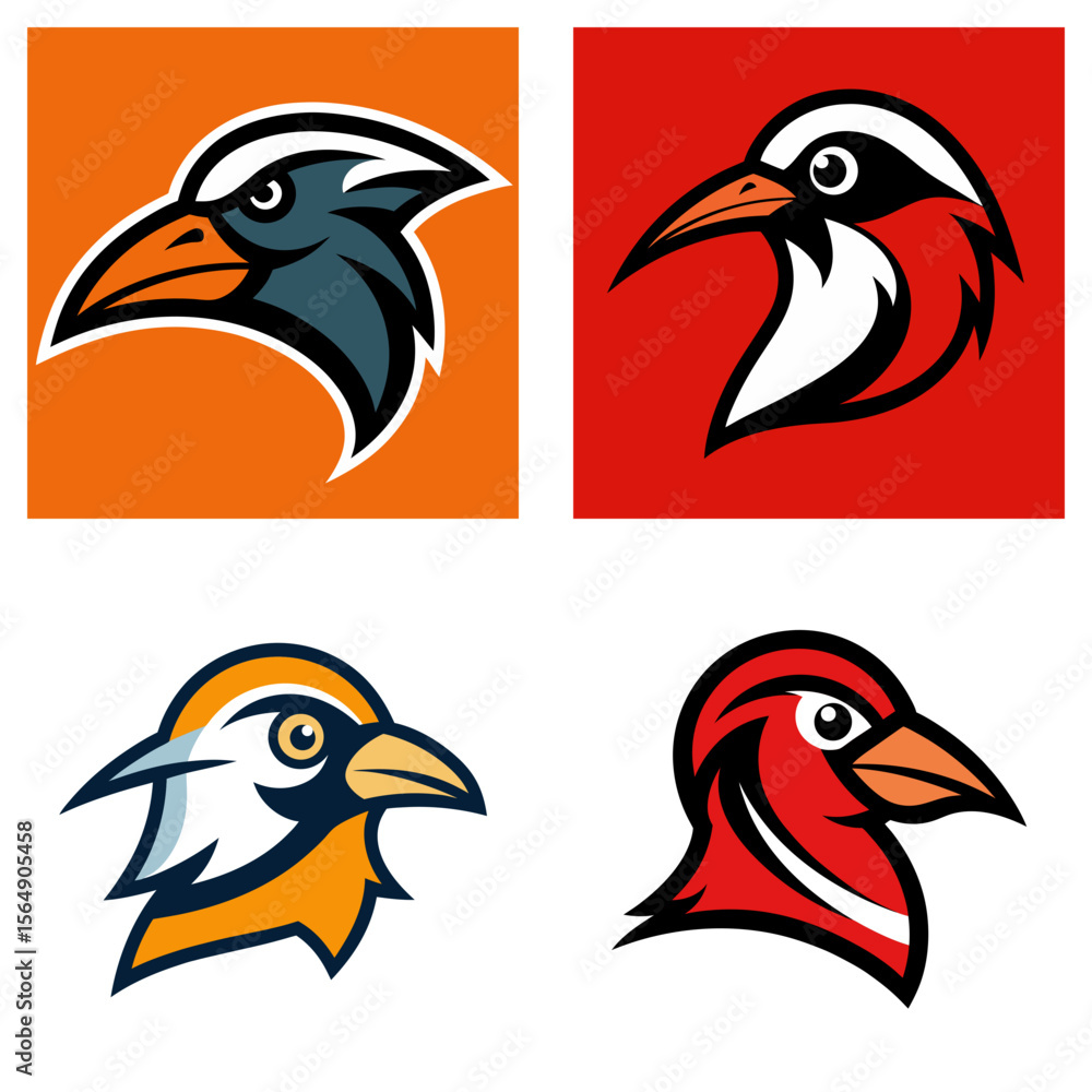 Fototapeta premium Four bird head illustrations in square frames with different colors and design styles on a white background