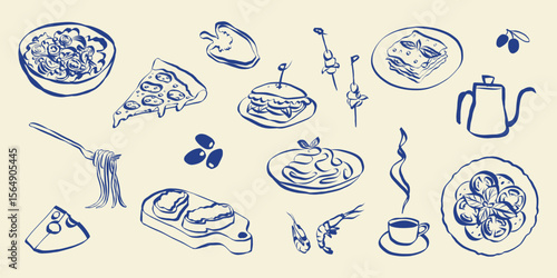 Whimsical food doodles. Quirky icons of breakfasr and brunch meals in simple crayon and sketch style. Trendy art for menus and dinner invitations. La dolce vita vector illustration