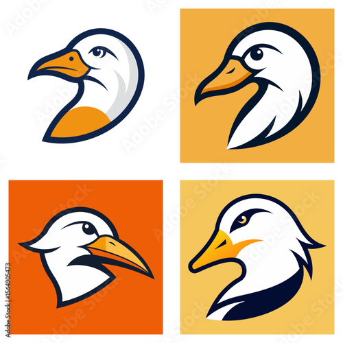Compilation of four stylized duck head logos with varied backgrounds and color schemes presented nicely