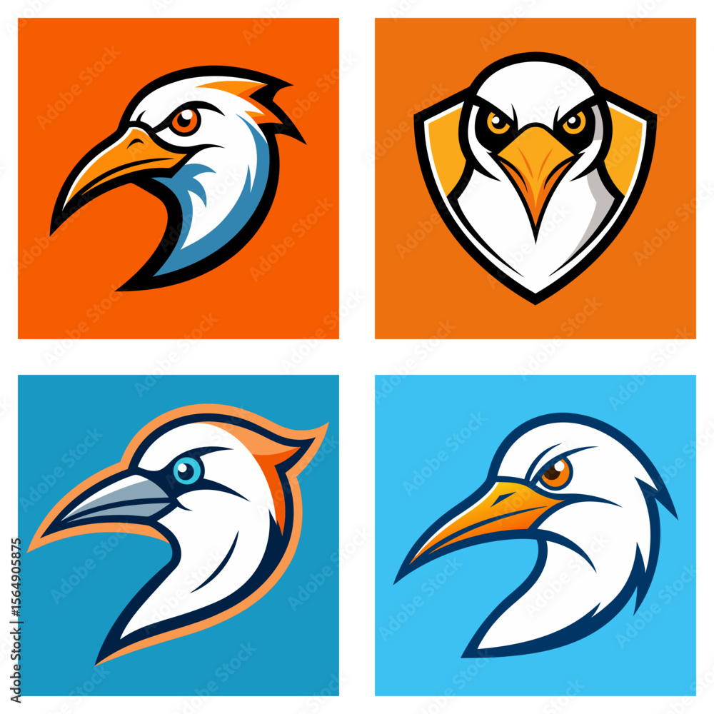 Obraz premium Collection of four stylized bird head logos in square frames with orange and blue backgrounds