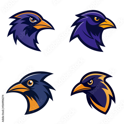 Four stylized bird head logos with purple and yellow colors on a white background are displayed here