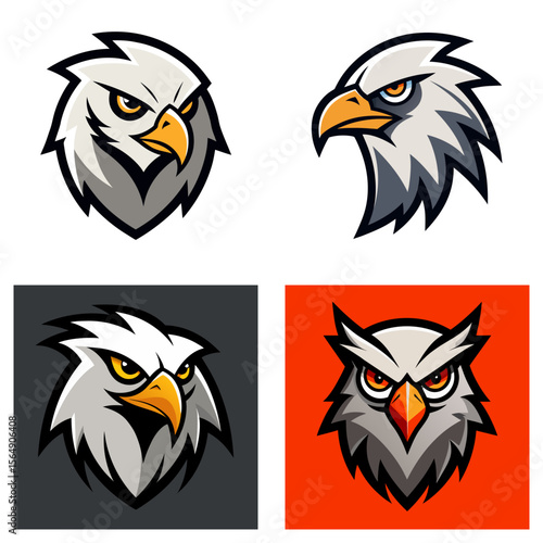 Four stylized bird heads including eagles and an owl in various poses and color backgrounds illustrated