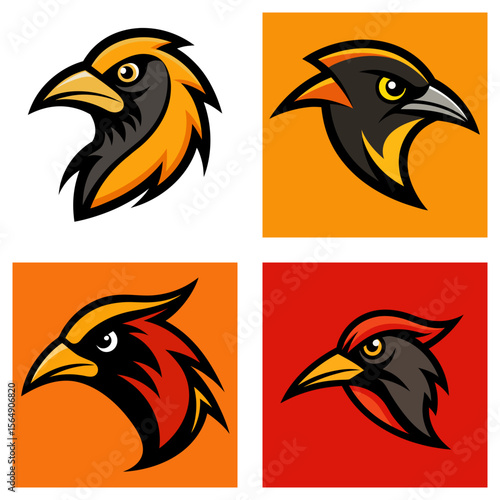 Four bird head illustrations in different color schemes and square backgrounds are displayed here