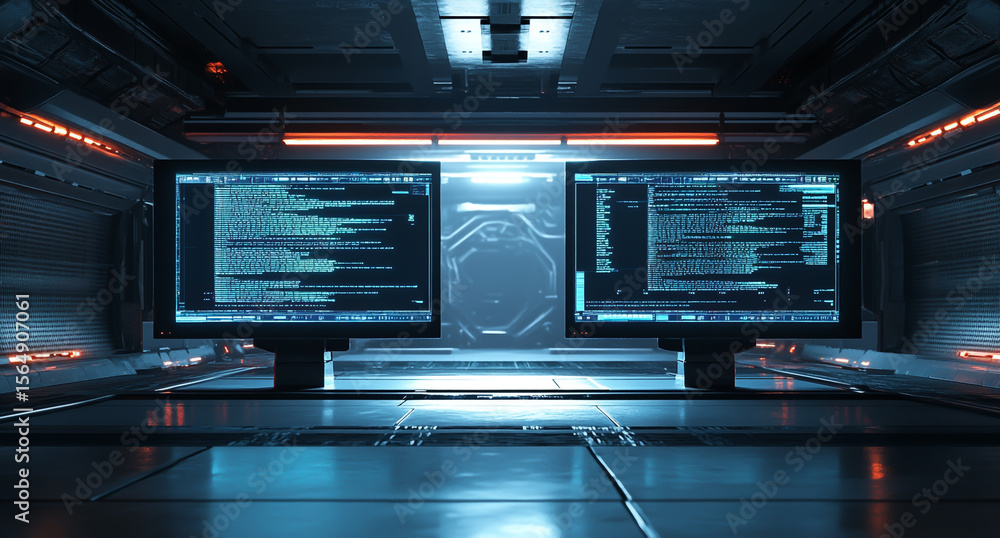 Fototapeta premium Futuristic server room with dual computer screens and blue glow