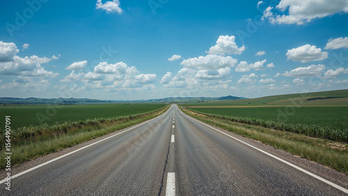 Endless road stretching through vast green fields
